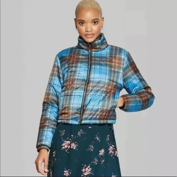 wild fable Jackets Coats Wild Fable Blue Plaid Puffer Coat